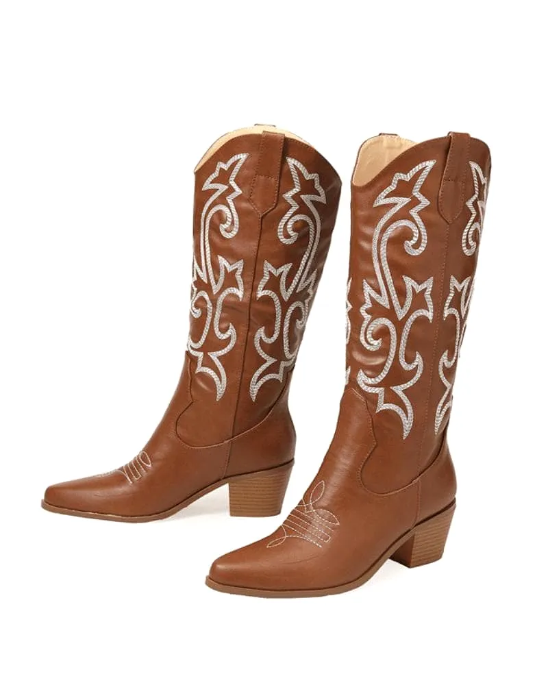 Women's Embroidery Chunky Cowboy Boots