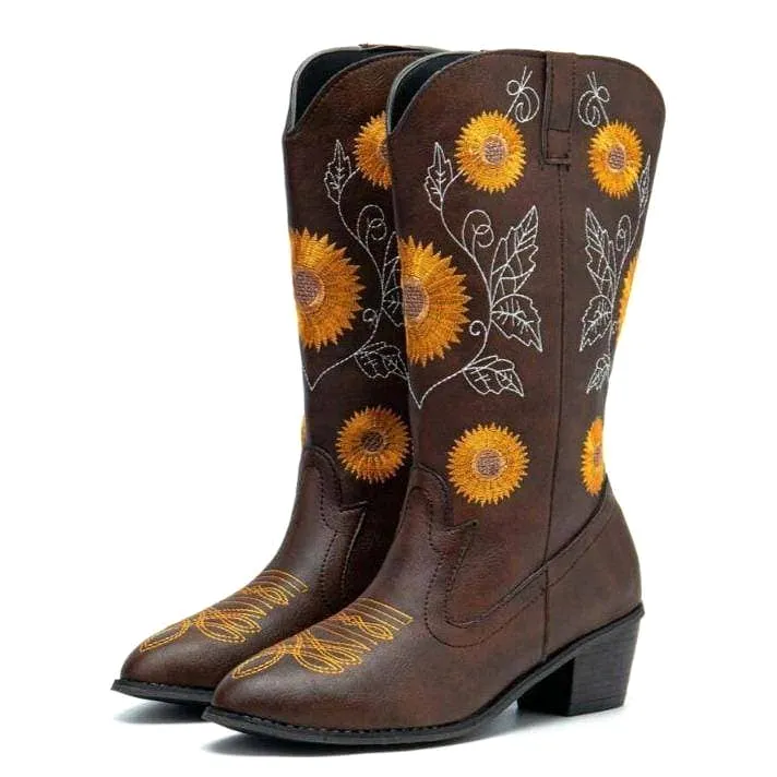 Women's Embroidery Chunky Heel Round Toe Cowgirl Boots