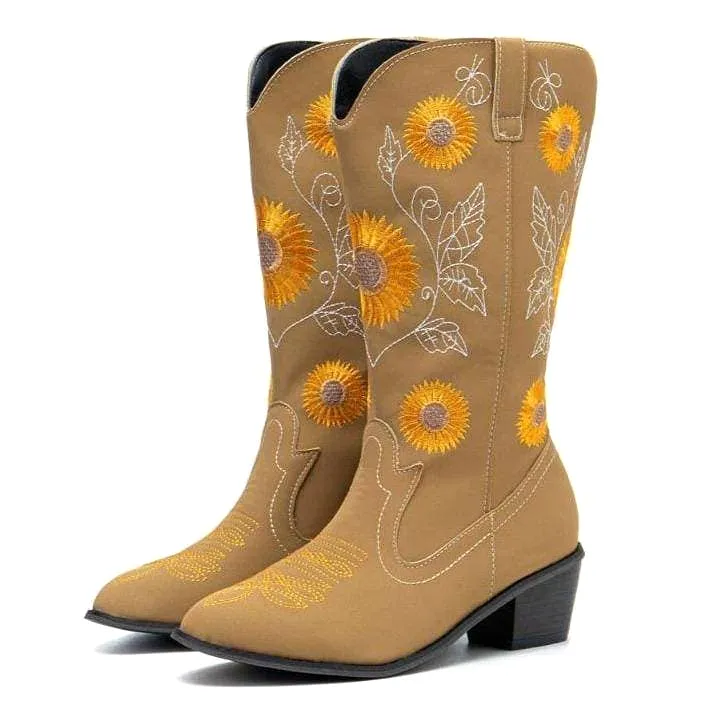 Women's Embroidery Chunky Heel Round Toe Cowgirl Boots