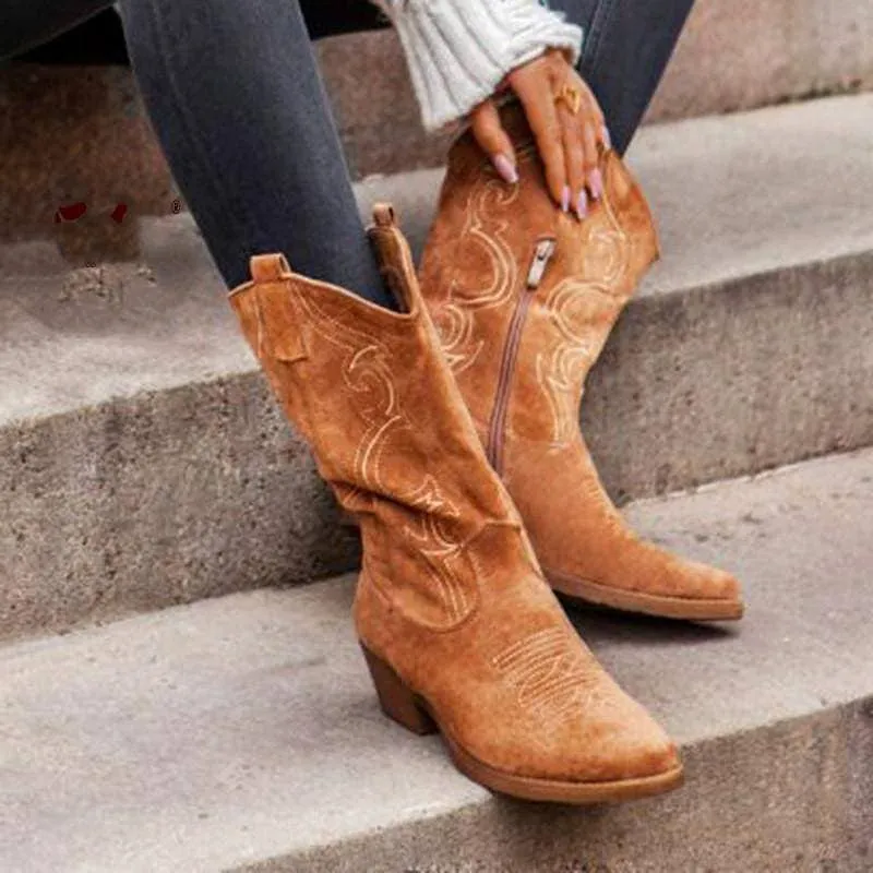 Women's Embroidery Mid Calf Chunky Heel Western Cowboy Boots