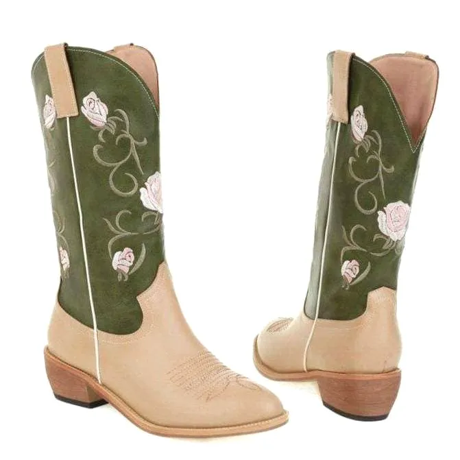 Women's Embroidery Mid-calf Riding Western Cowboy Boots