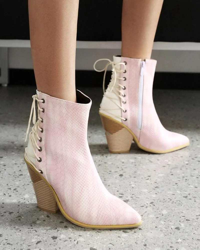 Women's Fashion Color-Blocking Zipper Chunky Heel Boots