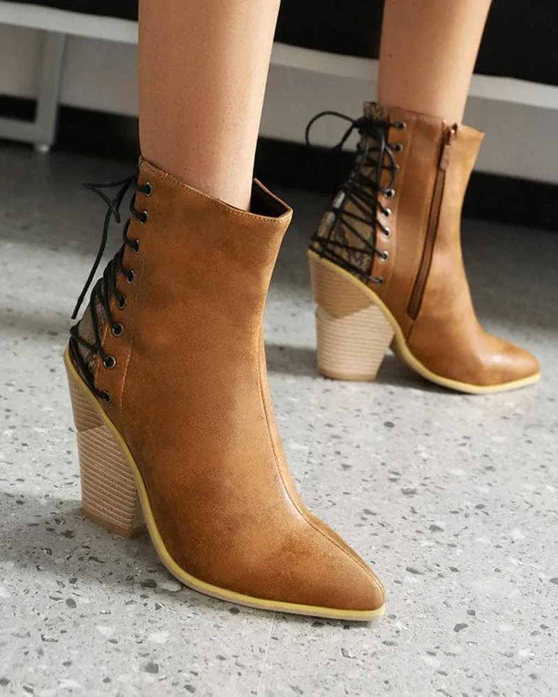 Women's Fashion Color-Blocking Zipper Chunky Heel Boots