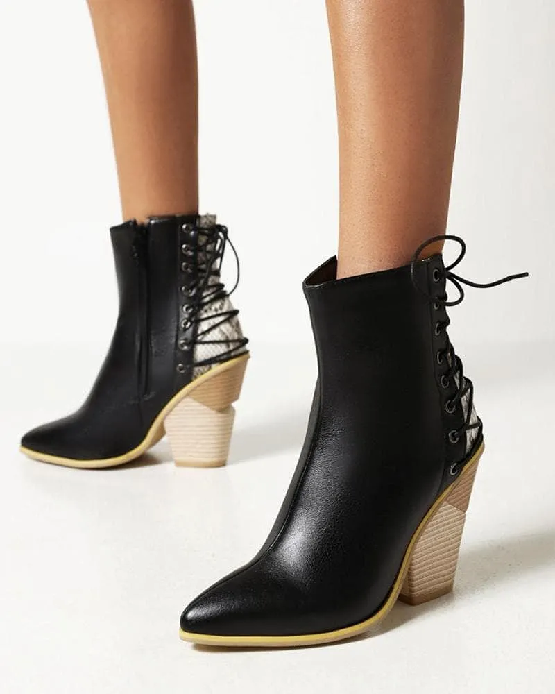 Women's Fashion Color-Blocking Zipper Chunky Heel Boots