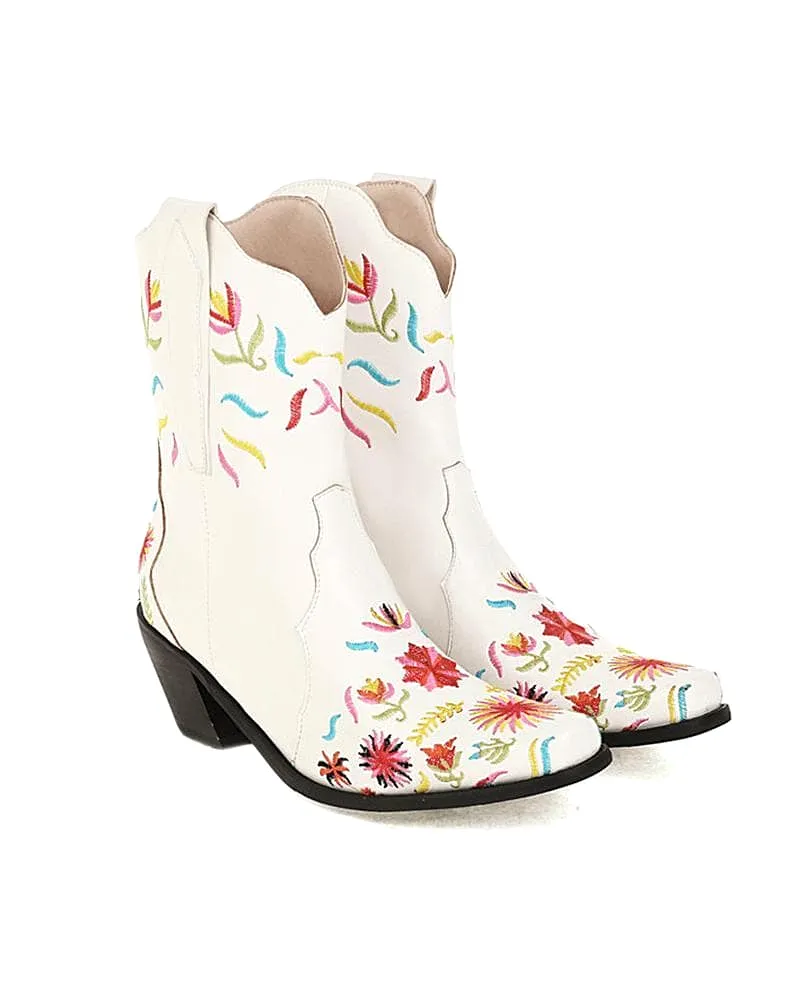 Women's Fashion Floral Embroidery Chunky Heel Cowboy Boots