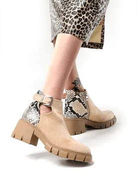 Women's Fashion Outdoor  Color-Blocking  Buckle Chunky Heel Ankle Boots