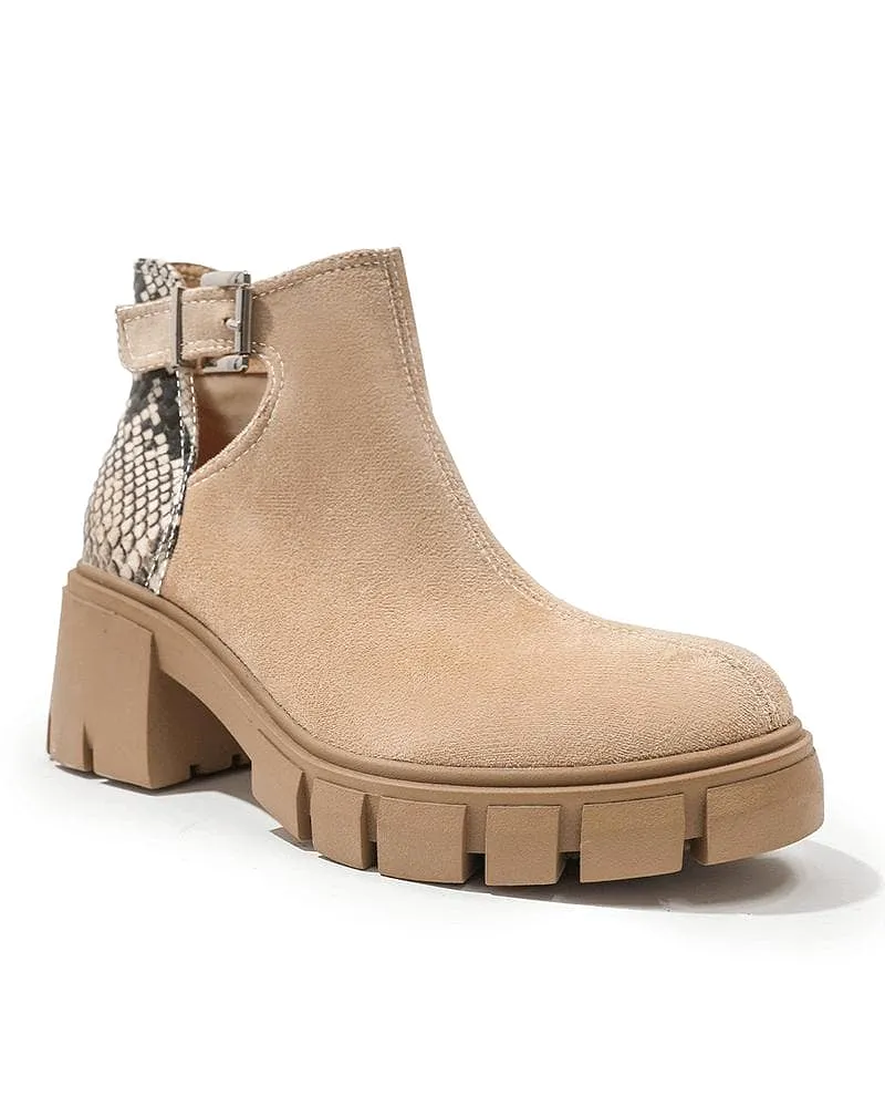 Women's Fashion Outdoor  Color-Blocking  Buckle Chunky Heel Ankle Boots