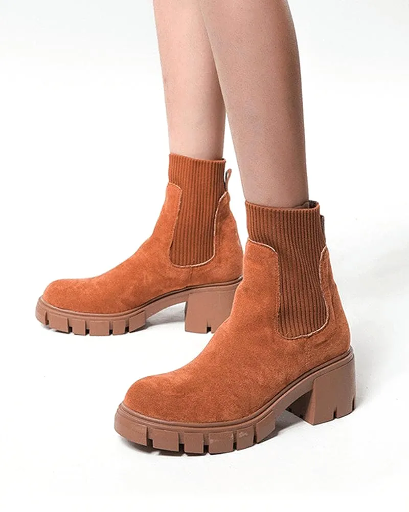 Women's Fashion Outdoor Color-Blocking Round Toe Chunky Heel Ankle Boots