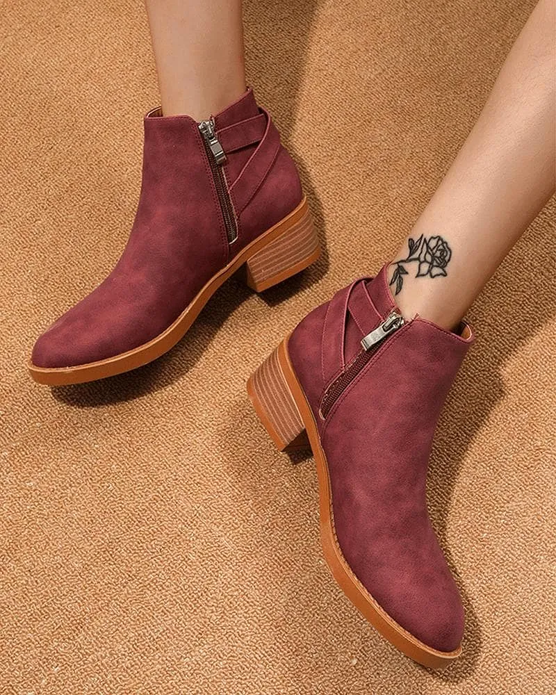 Women's Fashion Outdoor Solid Color Round Toe Chunky Heel Ankle Boots