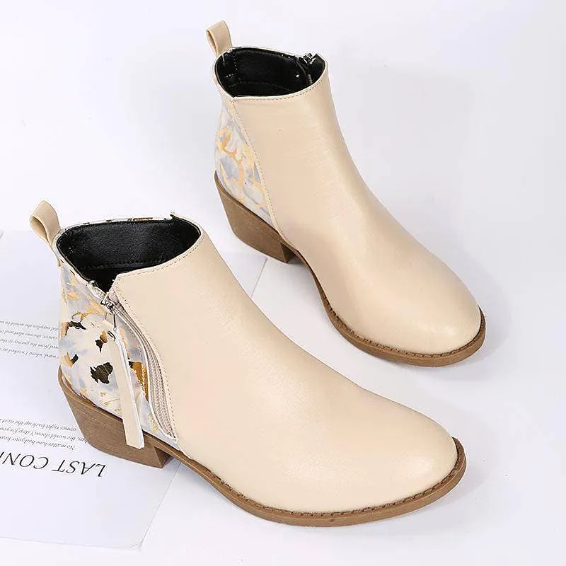 Women's Pattern Side-zip Chunky Heel Ankle Boots