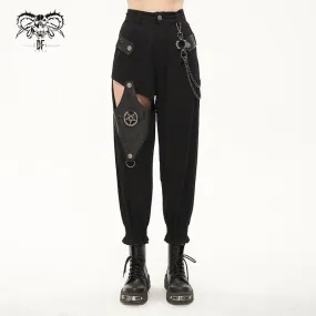 Women's Punk Cutout Faux Leather Splice Jogger Pants with Chain