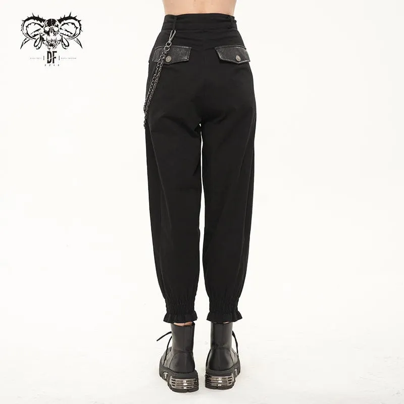 Women's Punk Cutout Faux Leather Splice Jogger Pants with Chain