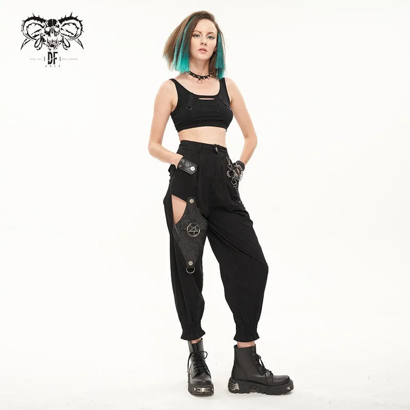 Women's Punk Cutout Faux Leather Splice Jogger Pants with Chain