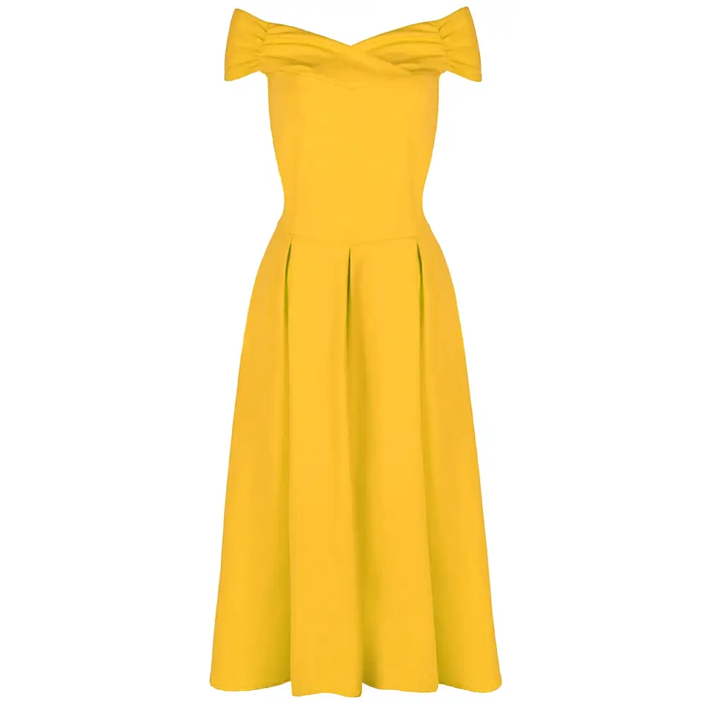 Yellow Cap Sleeve Crossover Top 50s Swing Bardot Dress