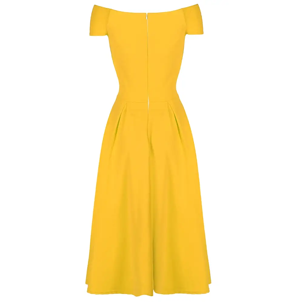 Yellow Cap Sleeve Crossover Top 50s Swing Bardot Dress