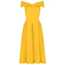 Yellow Cap Sleeve Crossover Top 50s Swing Bardot Dress